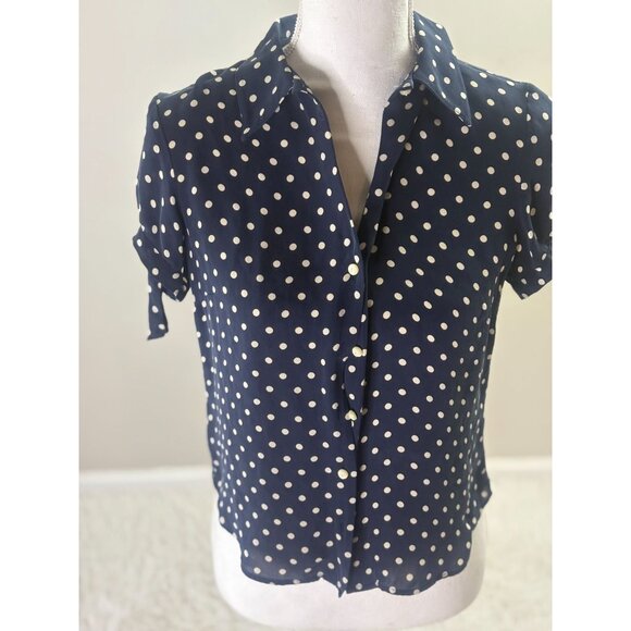 Jones New York Signature Navy Polka Dot Short Sleeve Silk Button-Up Blouse S - Picture 1 of 4